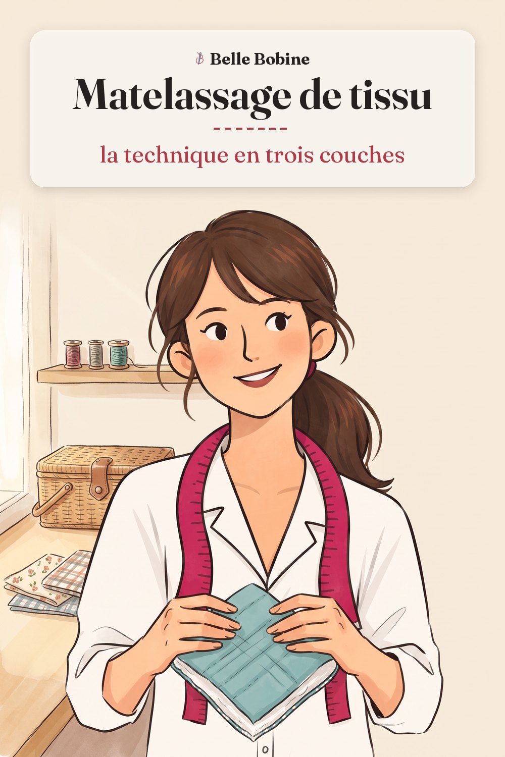 Colette tient un carré de tissu matelassé, les trois couches visibles par la tranche, avec le titre « Matelassage de tissu : la technique en trois couches »