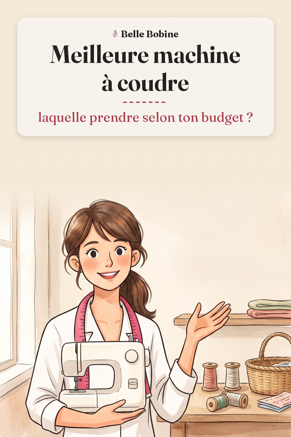 Colette désigne une machine parmi plusieurs machines à coudre alignées sur une étagère, avec le titre « Meilleure machine à coudre : laquelle prendre selon ton budget ? »