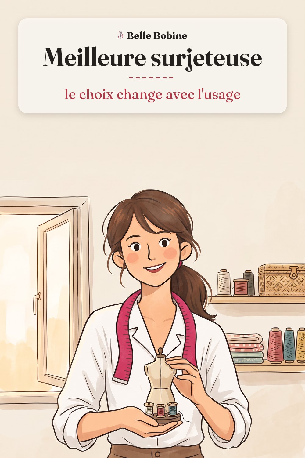 Colette pose une main sur chacune de deux surjeteuses aux quatre cônes de fil, avec le titre « Meilleure surjeteuse : le choix change avec l'usage »