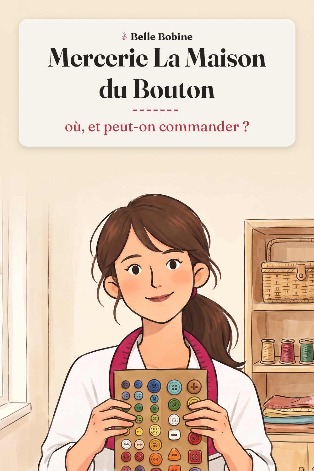 Colette tient un présentoir en carton couvert de rangées de boutons de toutes les couleurs, avec le titre « Mercerie La Maison du Bouton : où, et peut-on commander ? »