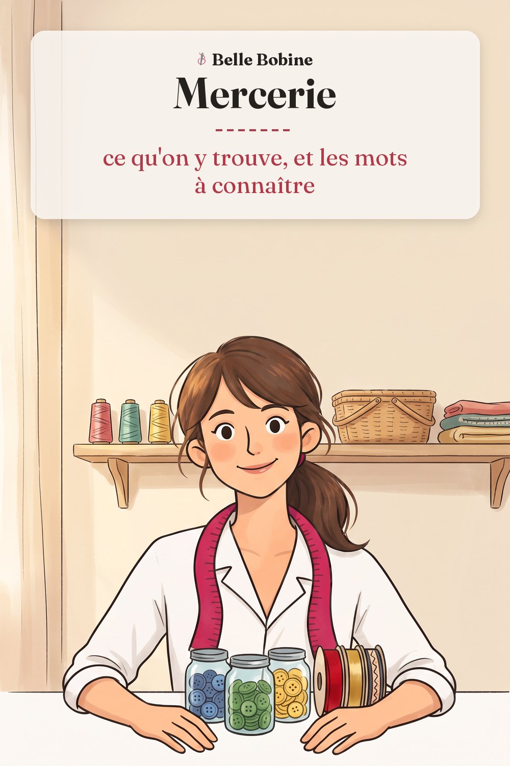 Colette derrière trois bocaux de boutons et des rouleaux de ruban et de galon, avec le titre « Mercerie : ce qu'on y trouve, et les mots à connaître »
