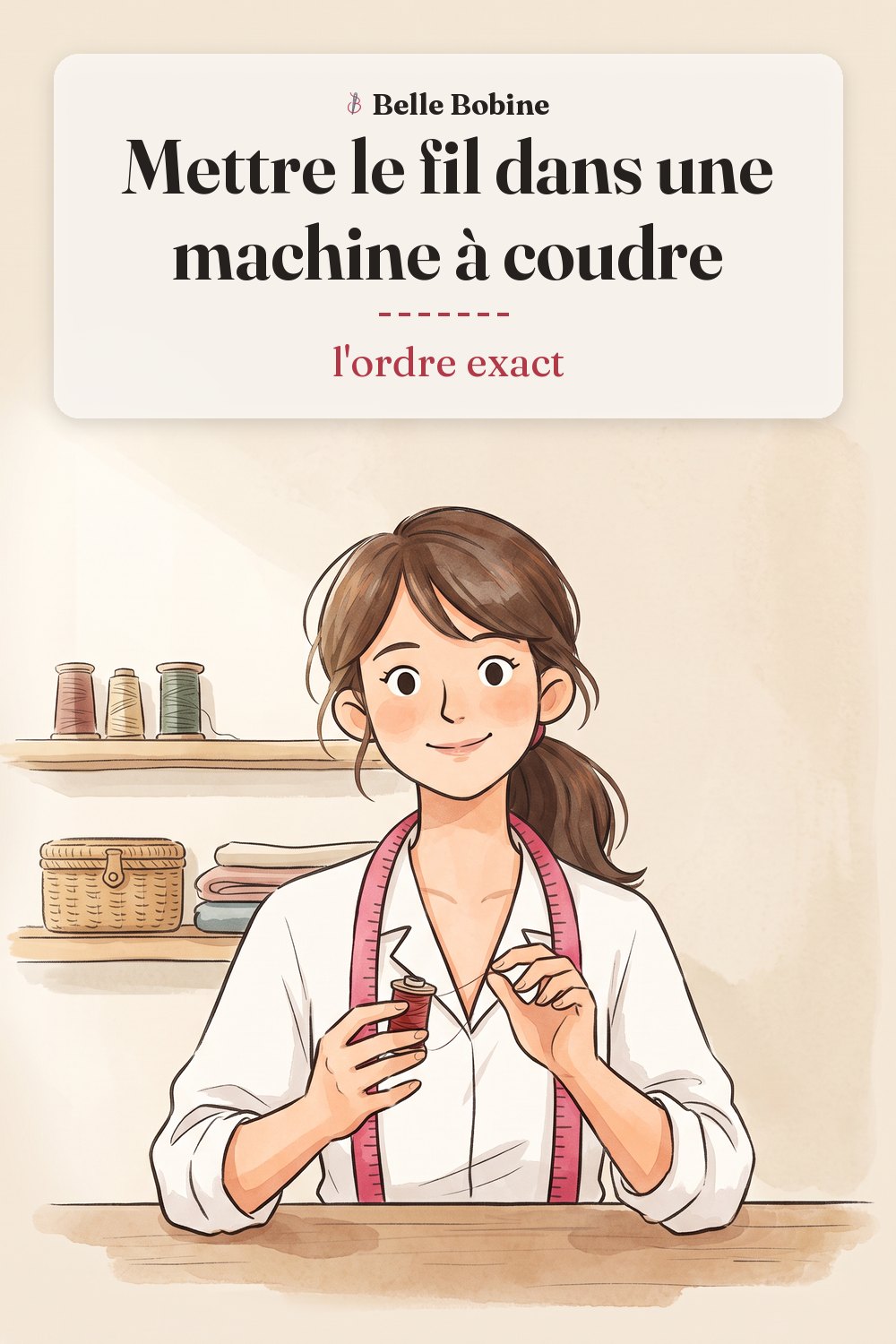 Colette assise à sa machine à coudre, une bobine de fil rouge tenue dans une main, prête à l'enfiler, avec le titre « Mettre le fil dans une machine à coudre : l'ordre exact »