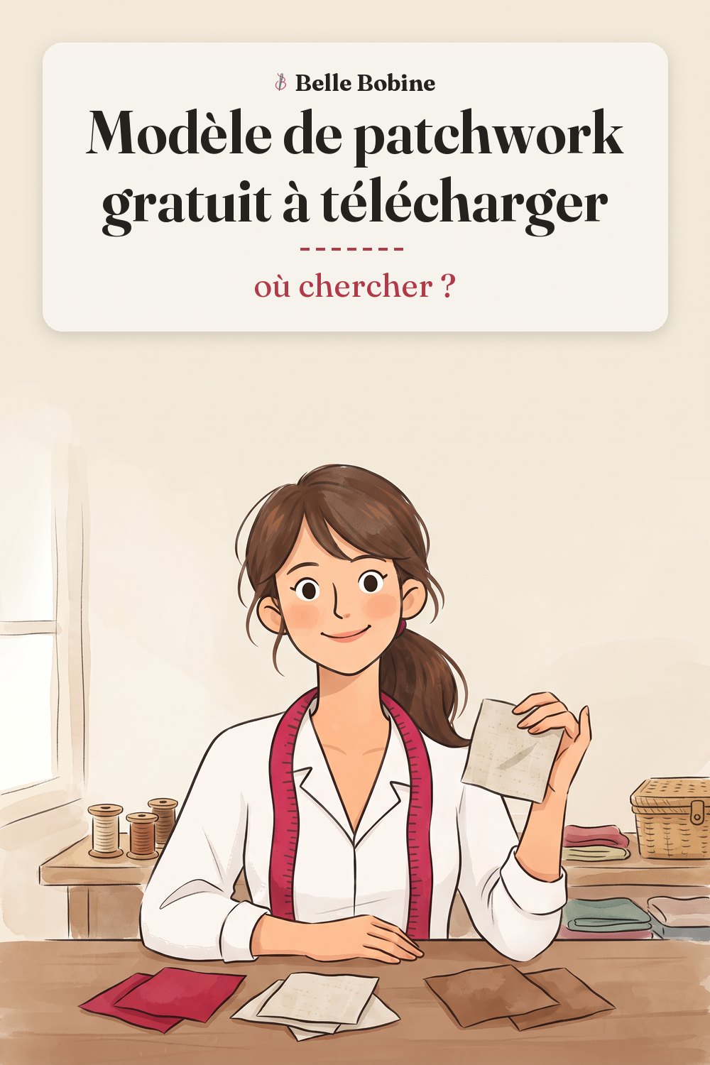 Colette avec plusieurs carrés de tissu unis étalés devant elle, avec le titre « Modèle de patchwork gratuit à télécharger : où chercher ? »