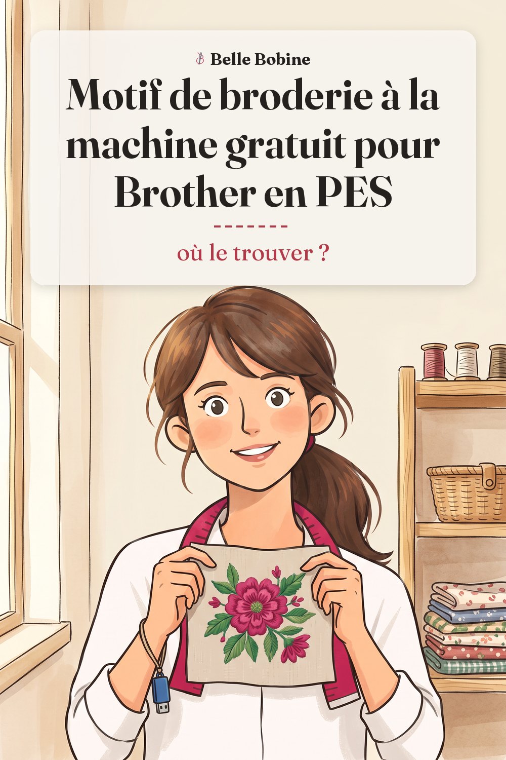 Colette tient un carré de lin brodé à la machine d'une fleur rose, une clé USB au poignet, avec le titre « Motif de broderie à la machine gratuit pour Brother en PES : où le trouver ? »