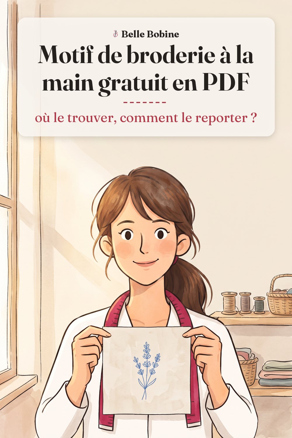 Colette tient un torchon de lin où un brin de lavande est tracé en bleu, prêt à broder, avec le titre « Motif de broderie à la main gratuit en PDF : où le trouver, comment le reporter ? »