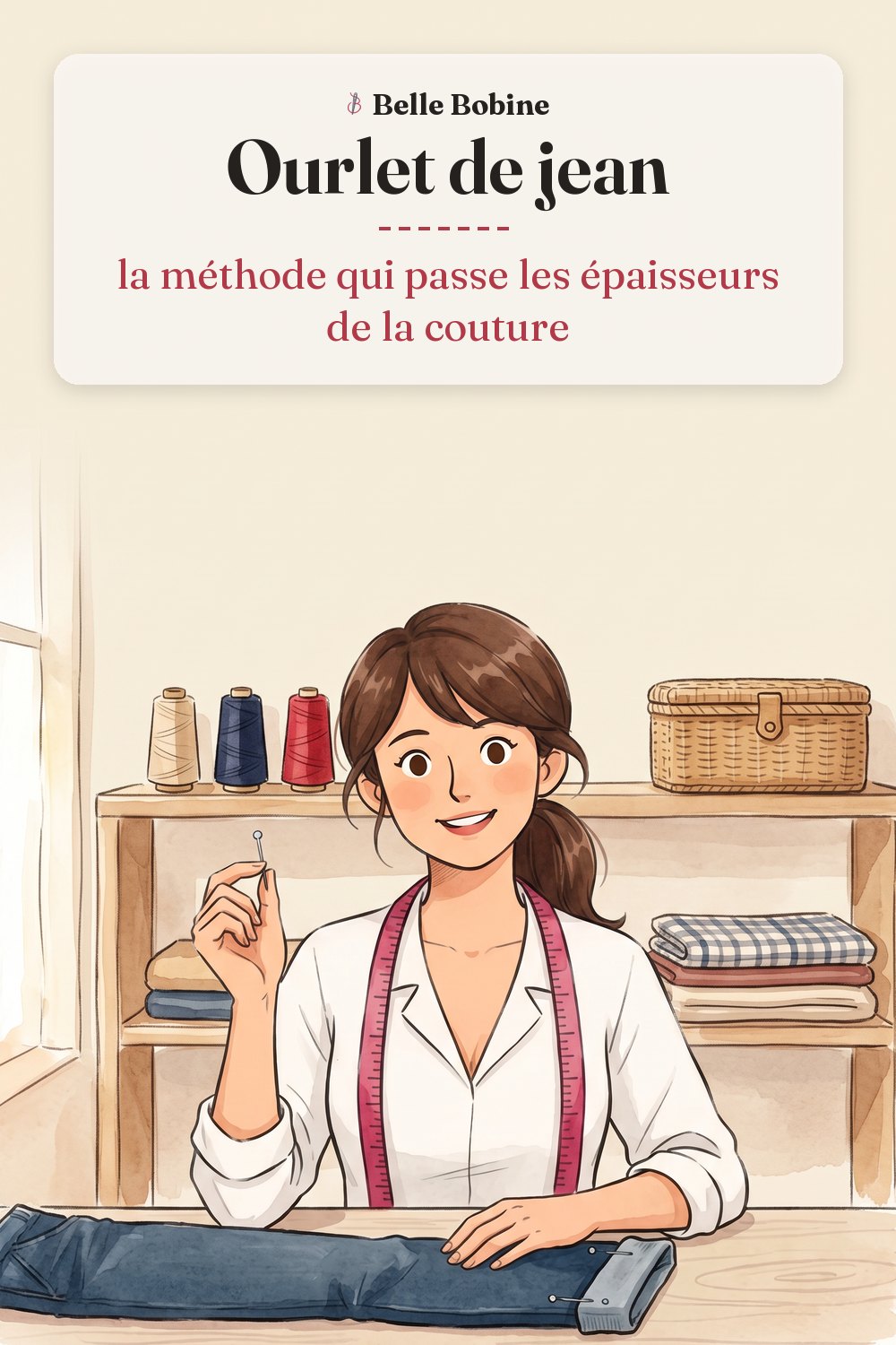Colette épinglant l'ourlet d'un jean posé sur la table, avec le titre « Ourlet de jean : la méthode qui passe les épaisseurs de la couture »