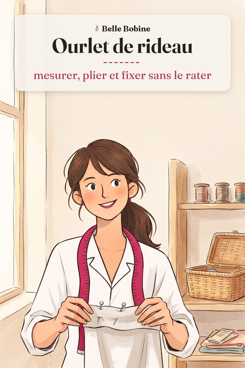 Colette tient à deux mains le bas d'un rideau de lin clair, replié et épinglé, avec le titre « Ourlet de rideau : mesurer, plier et fixer sans le rater »