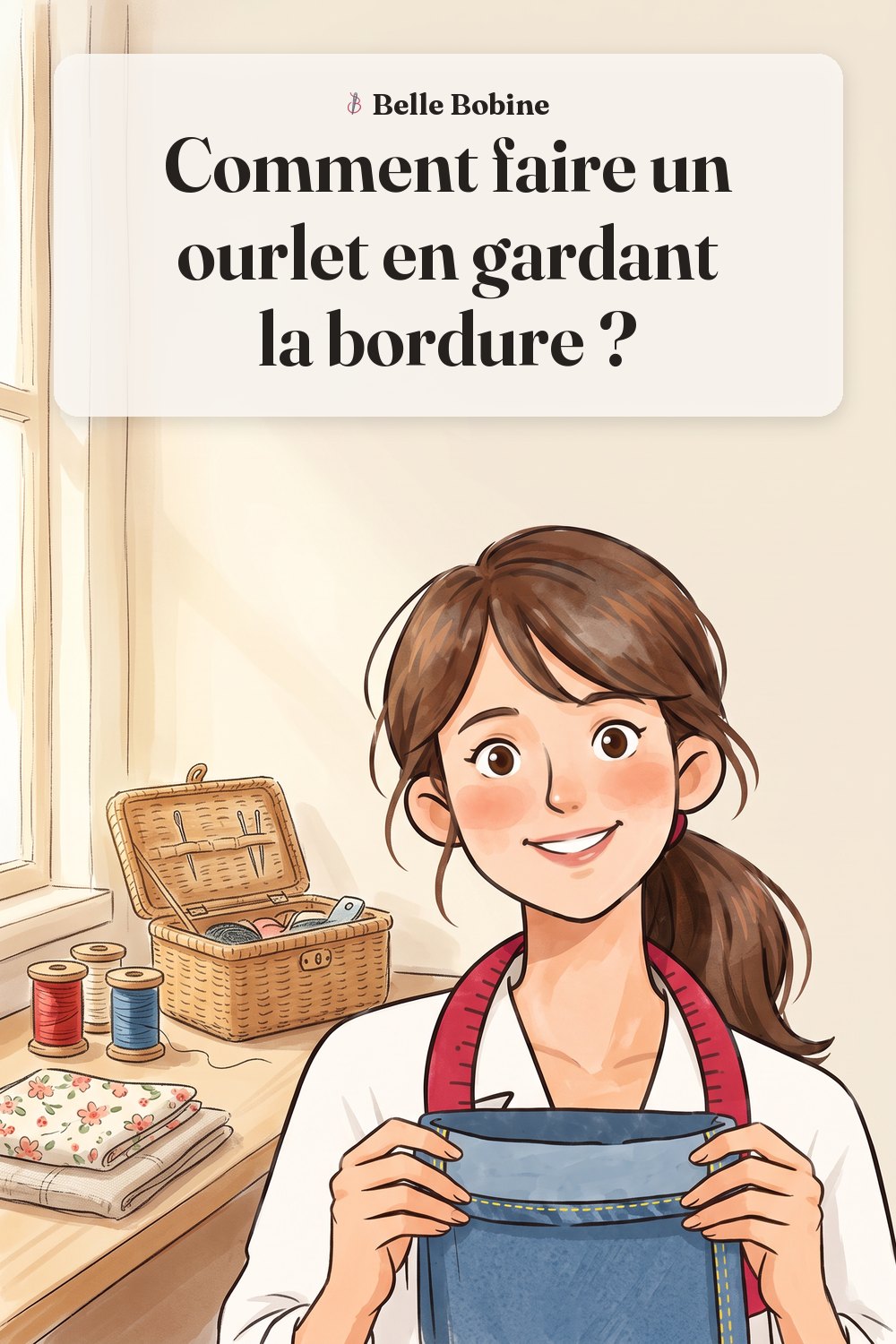 Colette tenant un bas de jean dont l'ourlet d'origine est replié sans être coupé, avec le titre « Comment faire un ourlet en gardant la bordure ? »