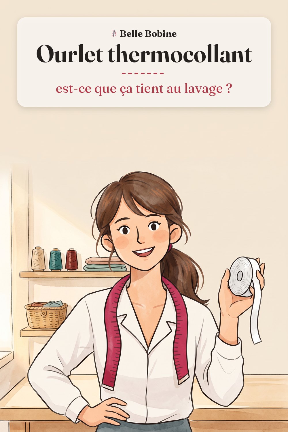 Colette montre un petit rouleau de bande thermocollante, un pantalon plié devant elle, avec le titre « Ourlet thermocollant : est-ce que ça tient au lavage ? »