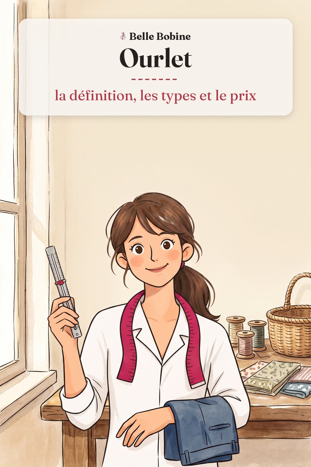 Colette tient une réglette à ourlet en métal à curseur rouge, un pantalon bleu marine plié sur le bras, avec le titre « Ourlet : la définition, les types et le prix »