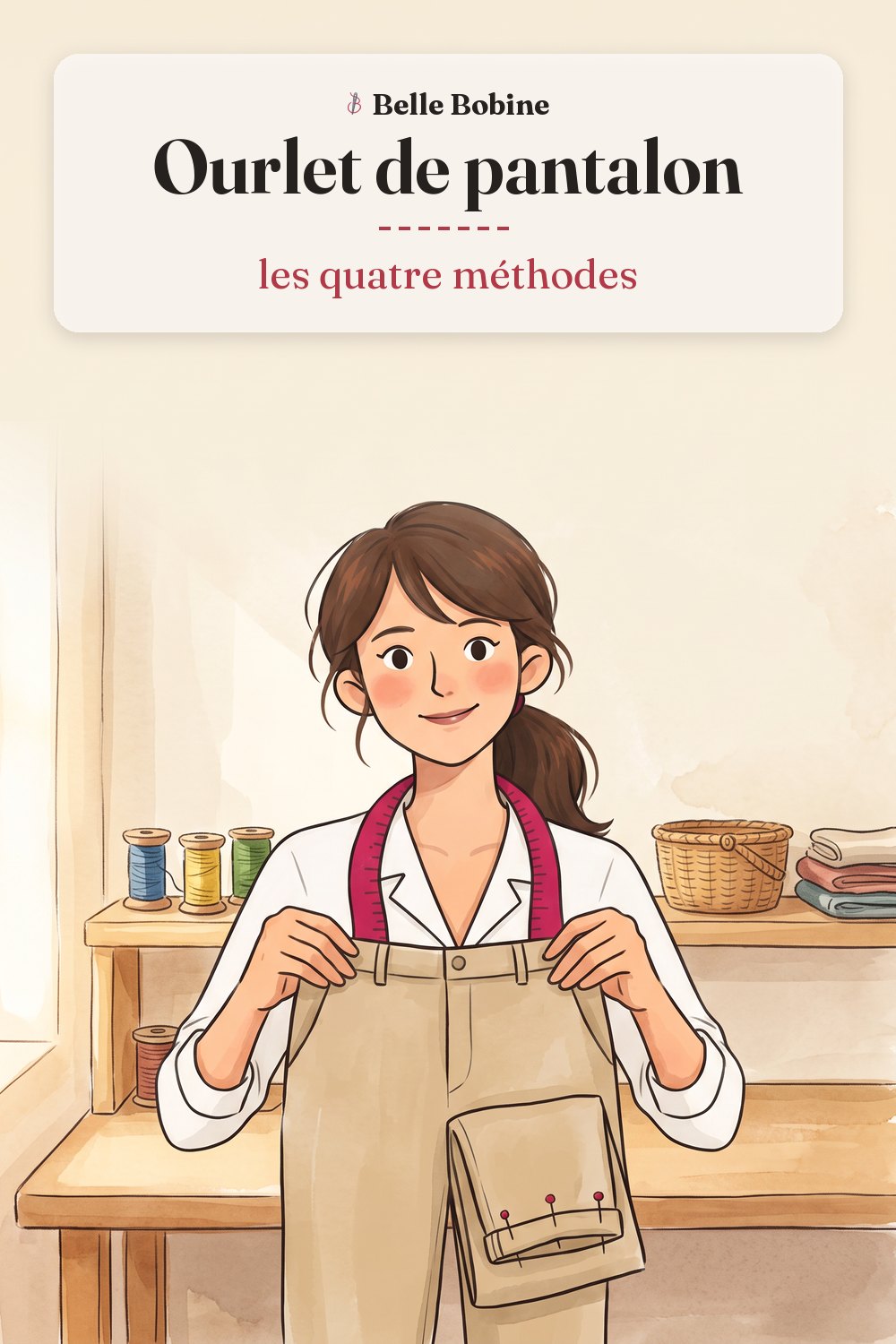 Colette tient un pantalon chino beige, le bas d'une jambe replié et tenu par trois épingles, avec le titre « Ourlet de pantalon : les quatre méthodes »