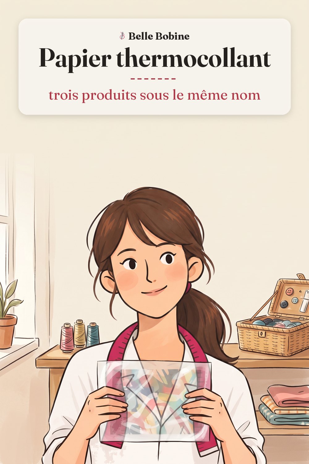 Colette tient une feuille de transfert thermocollant imprimée, avec le titre « Papier thermocollant : trois produits sous le même nom »