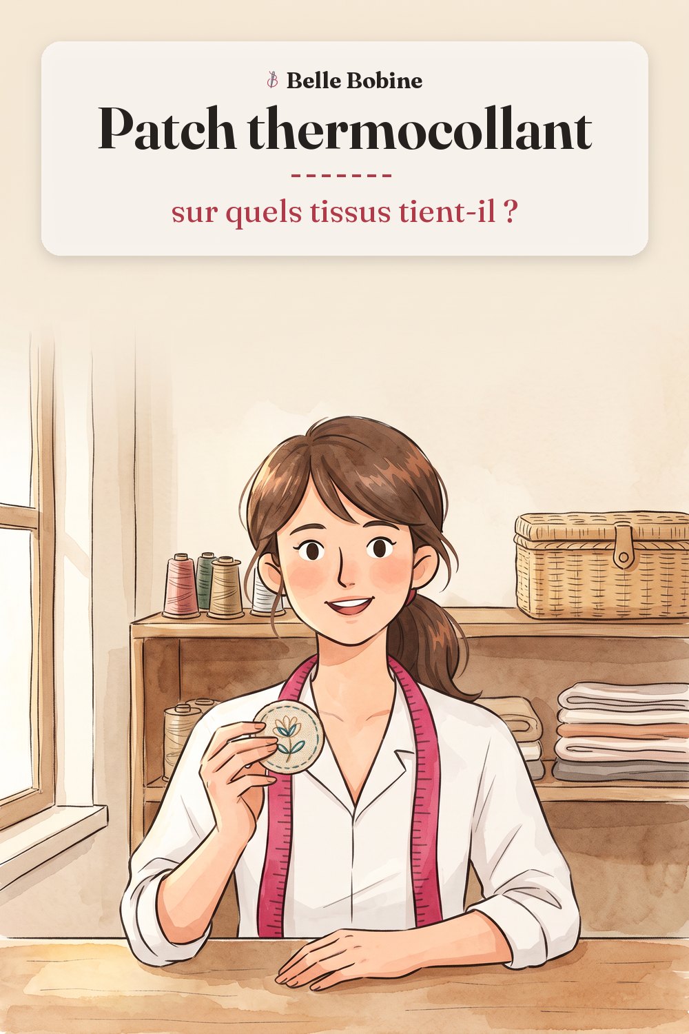 Colette tient un patch décoratif rond en tissu, avec le titre « Patch thermocollant : sur quels tissus tient-il ? »
