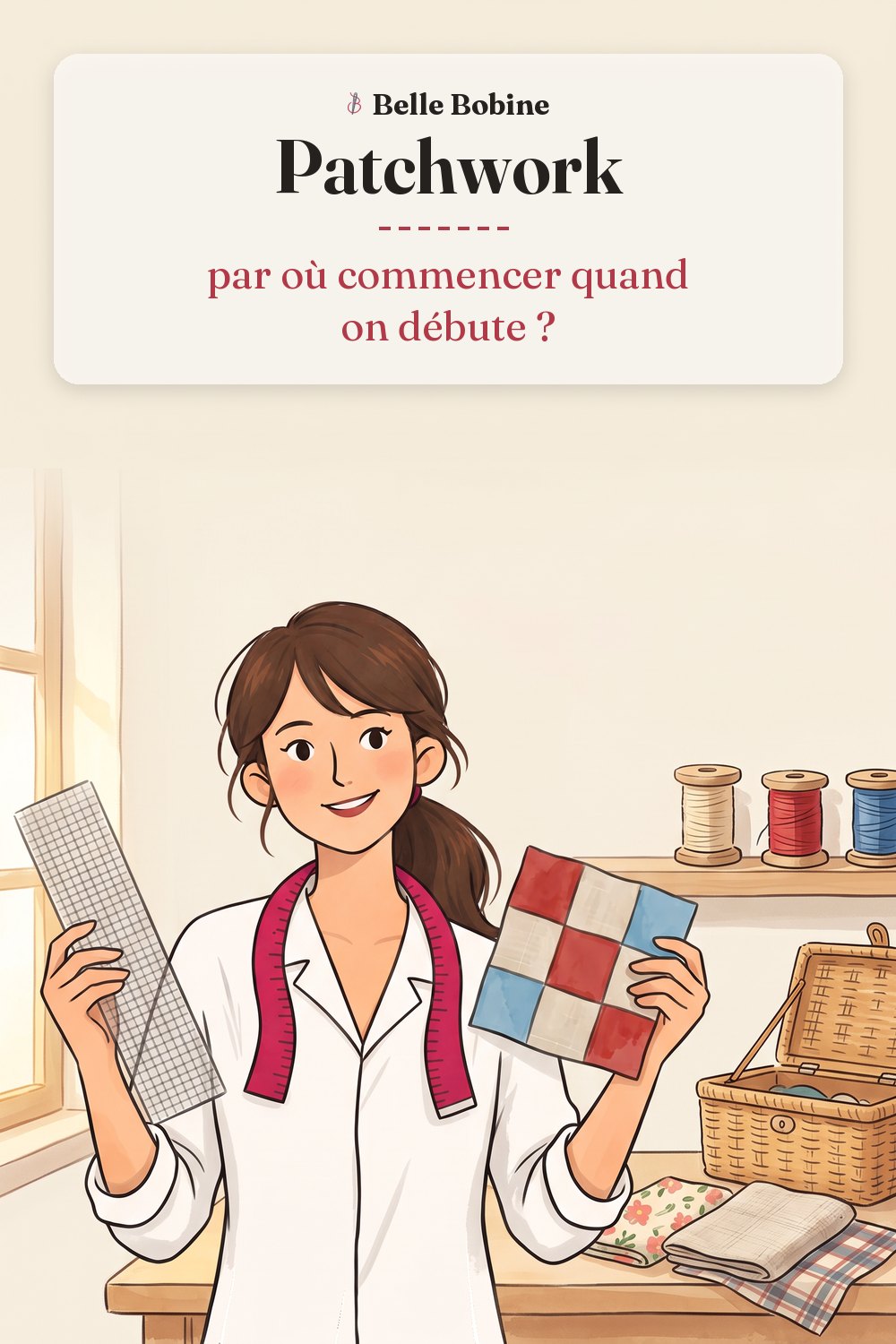 Colette tient une règle de patchwork transparente et un bloc de neuf carrés en damier, avec le titre « Patchwork : par où commencer quand on débute ? »