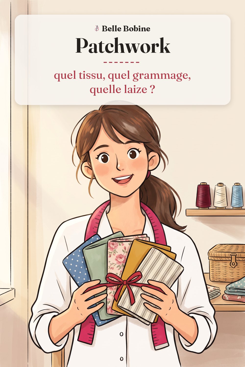 Colette tient en éventail cinq coupons de coton pliés et noués d'un ruban rouge, avec le titre « Patchwork : quel tissu, quel grammage, quelle laize ? »
