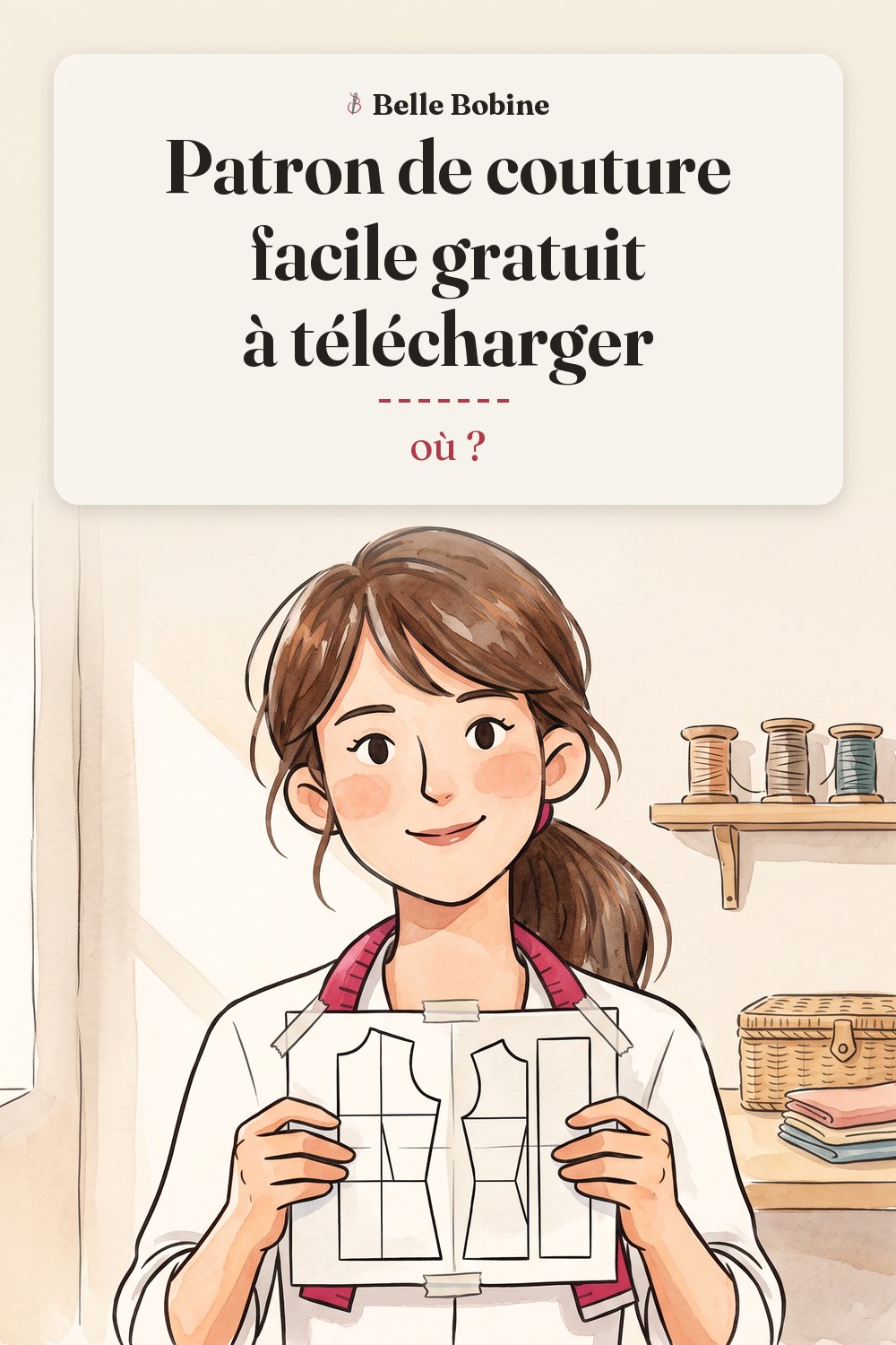 Colette tient quatre feuilles imprimées assemblées au ruban adhésif, tracés d'une pièce de patron, avec le titre « Patron de couture facile gratuit à télécharger : où ? »
