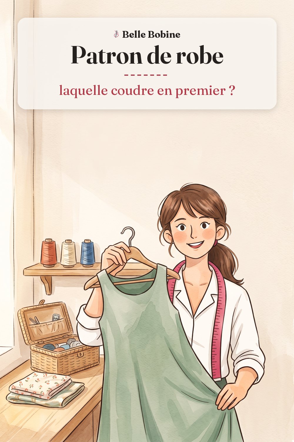 Colette tient sur un cintre en bois une robe simple sans manches en coton vert sauge, avec le titre « Patron de robe : laquelle coudre en premier ? »