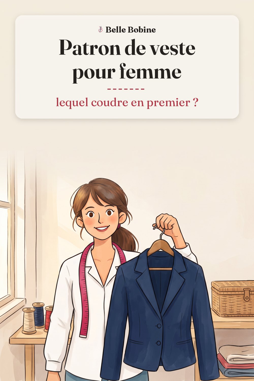 Colette tient sur un cintre une veste courte de femme en toile bleu marine à col tailleur, avec le titre « Patron de veste pour femme : lequel coudre en premier ? »