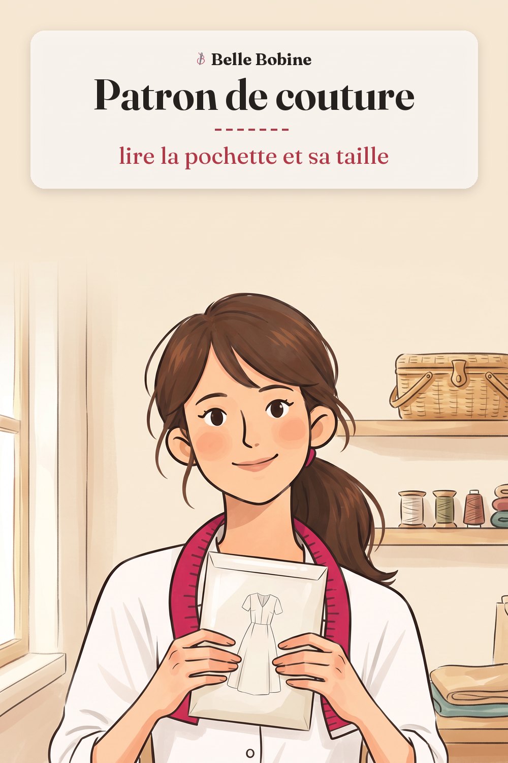 Colette tenant une pochette de patron de couture illustrée, avec le titre « Patron de couture : lire la pochette et sa taille »