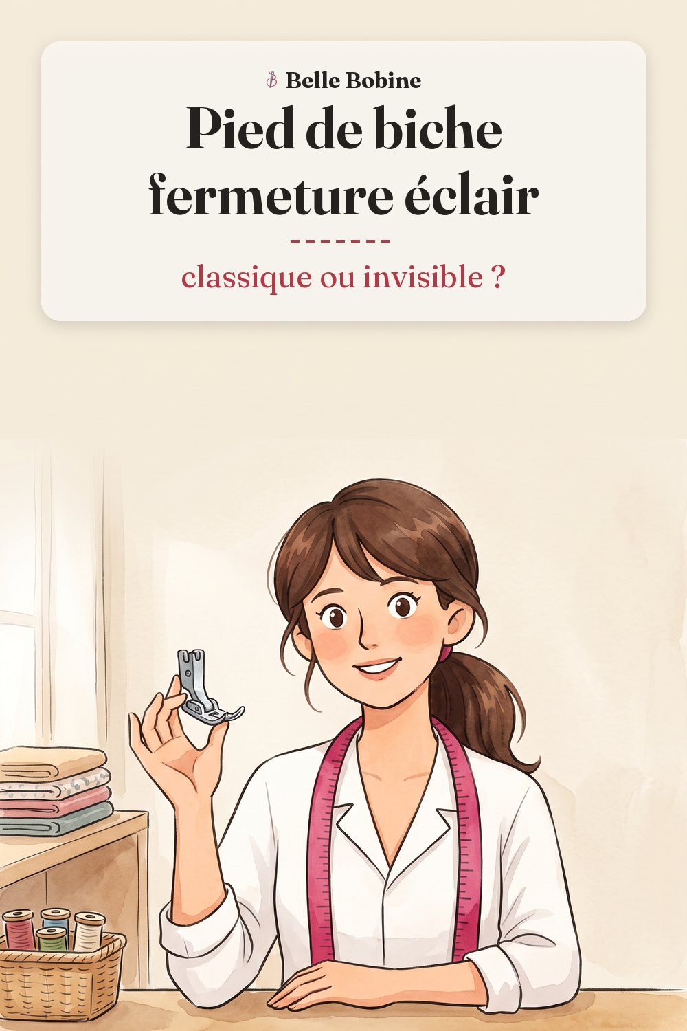 Colette assise à côté de sa machine à coudre, un pied de biche en métal tenu dans une main, avec le titre « Pied de biche fermeture éclair : classique ou invisible ? »