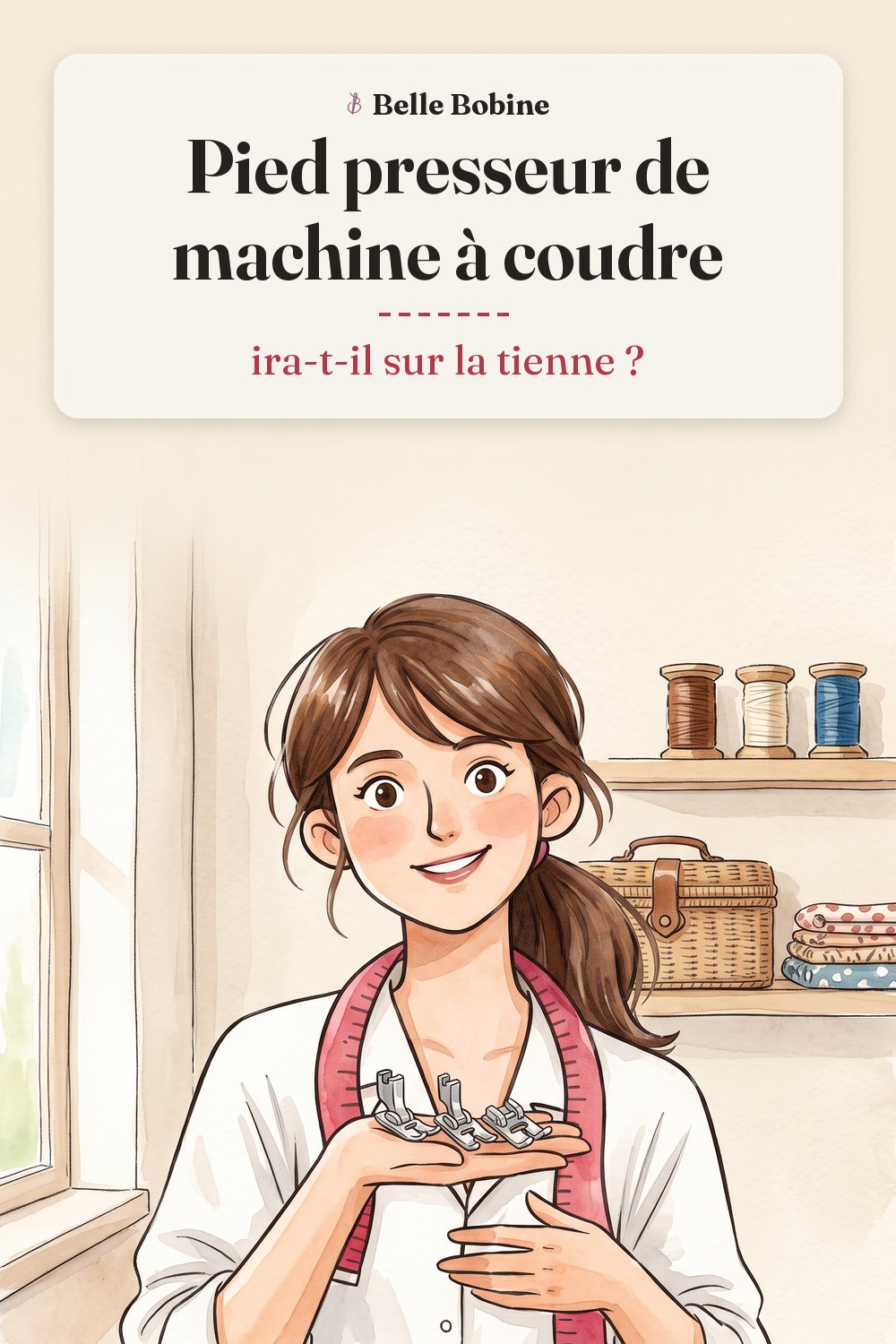 Colette montre dans sa paume trois pieds presseurs en métal de formes différentes, avec le titre « Pied presseur de machine à coudre : ira-t-il sur la tienne ? »