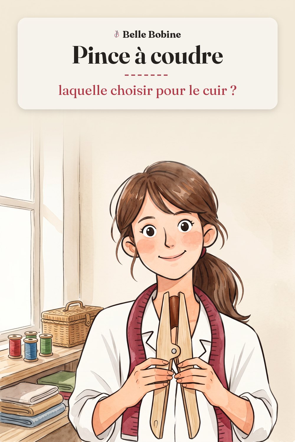 Colette tenant debout une pince de sellier en bois qui serre un morceau de cuir, avec le titre « Pince à coudre : laquelle choisir pour le cuir ? »
