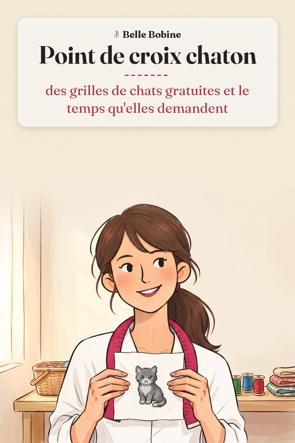 Colette tenant un carré de toile blanche brodé d'un chaton gris au point de croix, avec le titre « Point de croix chaton : des grilles de chats gratuites et le temps qu'elles demandent »