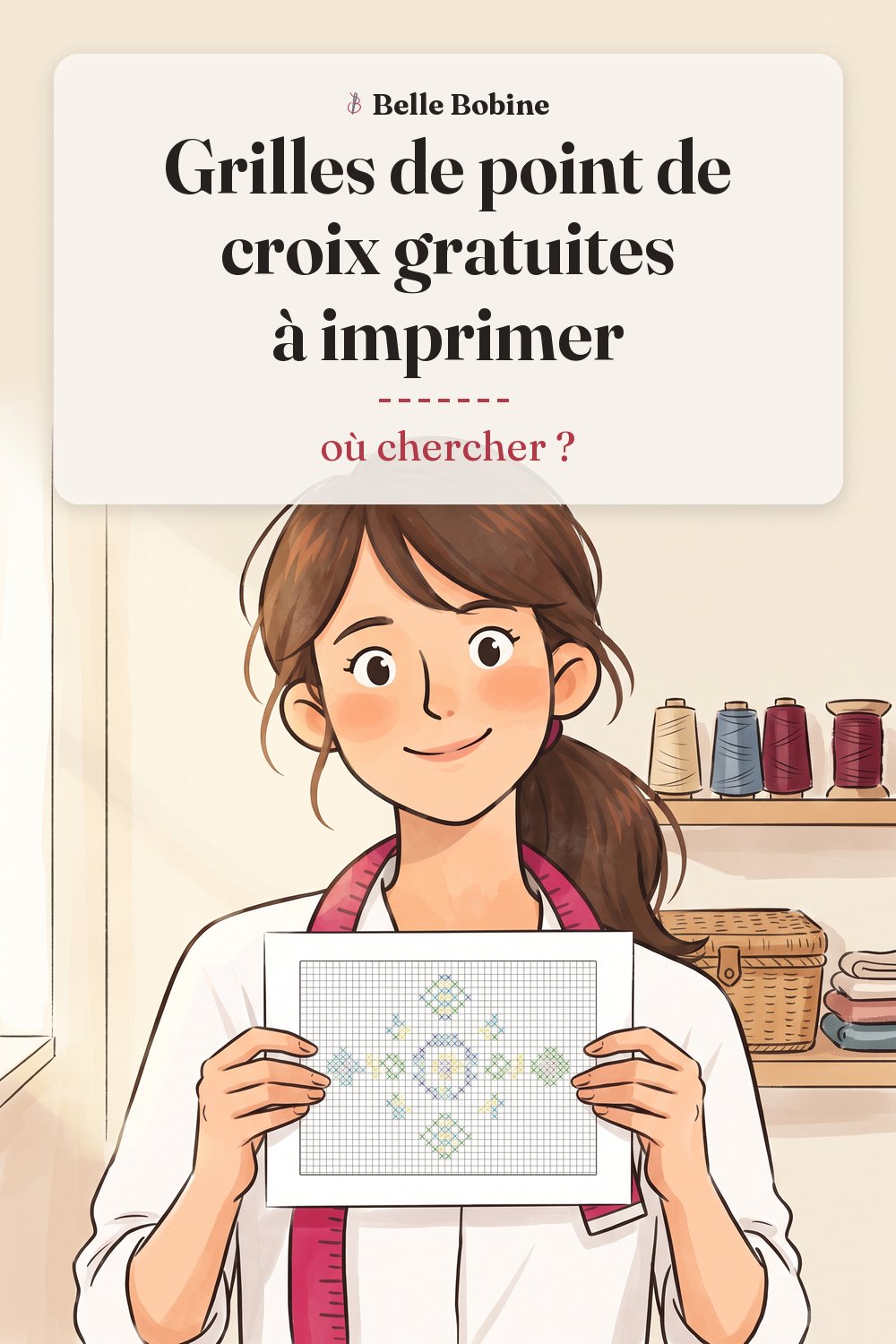 Colette tient une feuille tout juste imprimée avec une grille de point de croix, avec le titre « Grilles de point de croix gratuites à imprimer : où chercher ? »