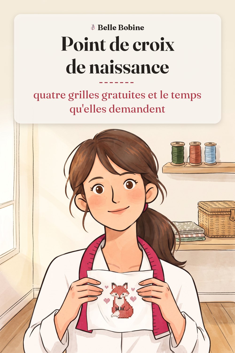 Colette tenant un carré de toile blanche brodé au point de croix d'un petit renard roux entouré de cœurs roses, avec le titre « Point de croix de naissance : quatre grilles gratuites et le temps qu'elles demandent »