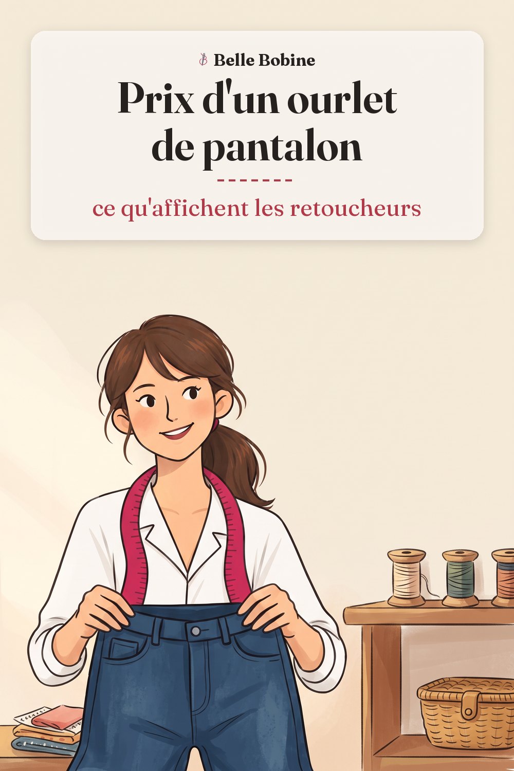 Colette tient un jean brut neuf trop long dont le bas des jambes s'entasse en plis, avec le titre « Prix d'un ourlet de pantalon : ce qu'affichent les retoucheurs »