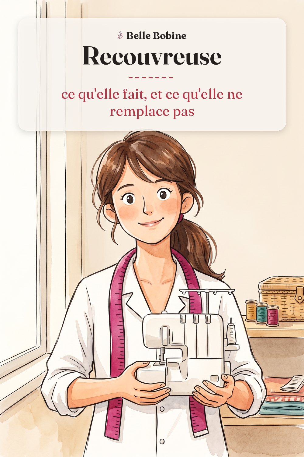 Colette assise devant une recouvreuse, avec le titre « Recouvreuse : ce qu'elle fait, et ce qu'elle ne remplace pas »