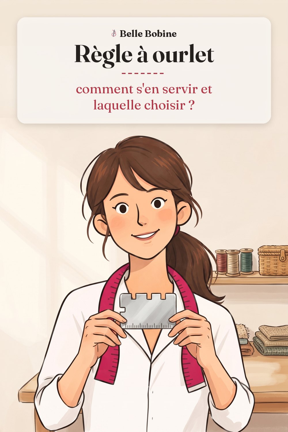 Colette tient une petite règle à ourlets en aluminium, aux bords découpés en marches, avec le titre « Règle à ourlet : comment s'en servir et laquelle choisir ? »