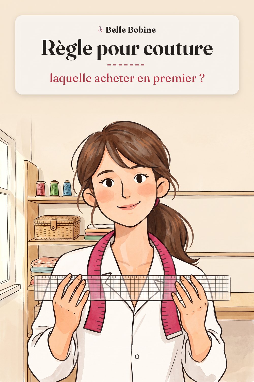 Colette tient une longue règle de patchwork transparente et quadrillée, avec le titre « Règle pour couture : laquelle acheter en premier ? »