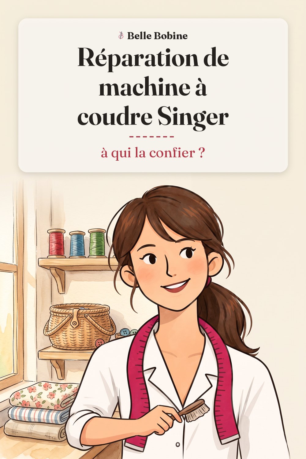 Colette tient une petite brosse à côté d'une machine à coudre au capot latéral ouvert, avec le titre « Réparation de machine à coudre Singer : à qui la confier ? »