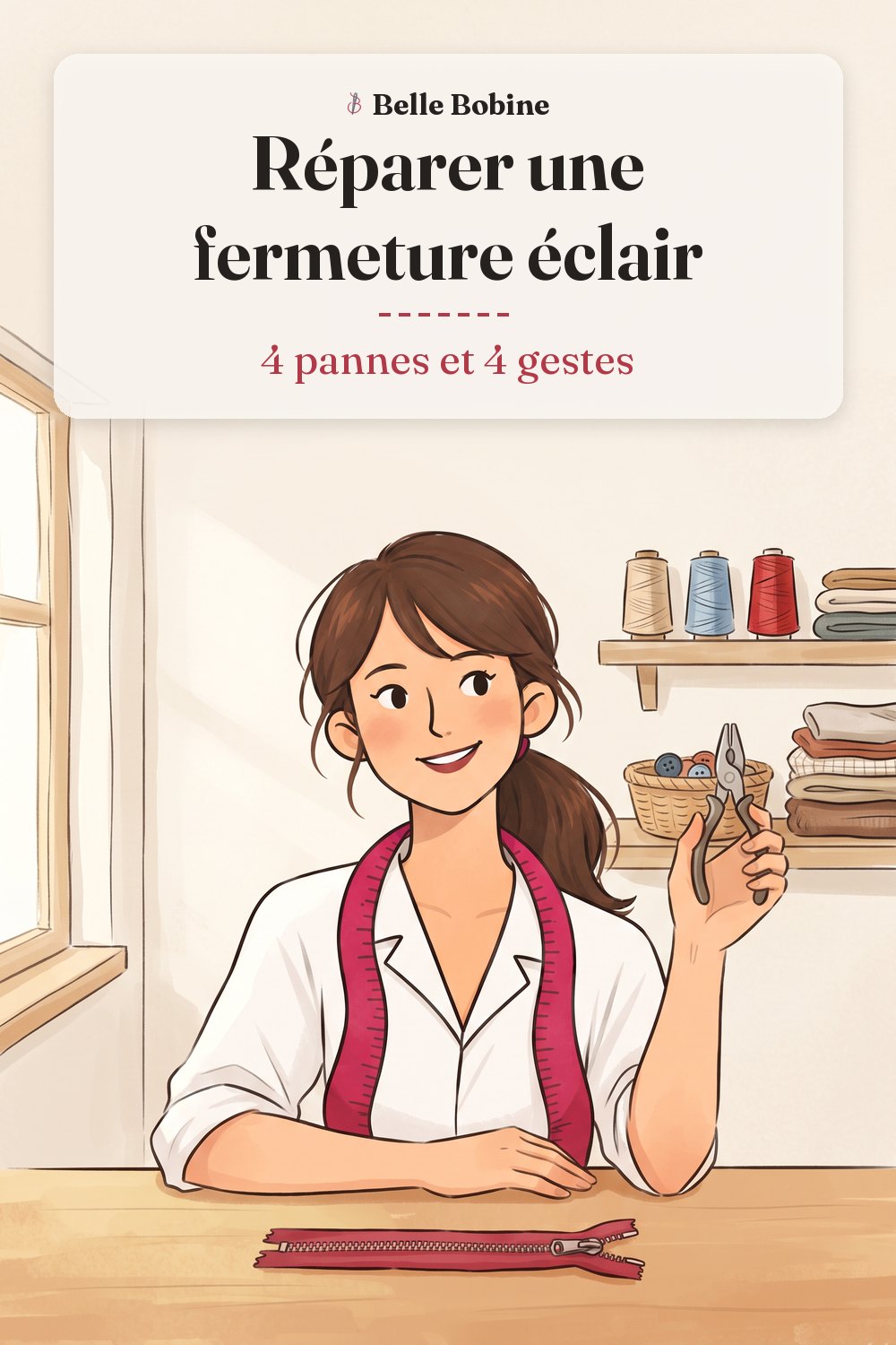 Colette tenant une petite pince, une fermeture éclair posée sur la table devant elle, avec le titre « Réparer une fermeture éclair : 4 pannes et 4 gestes »