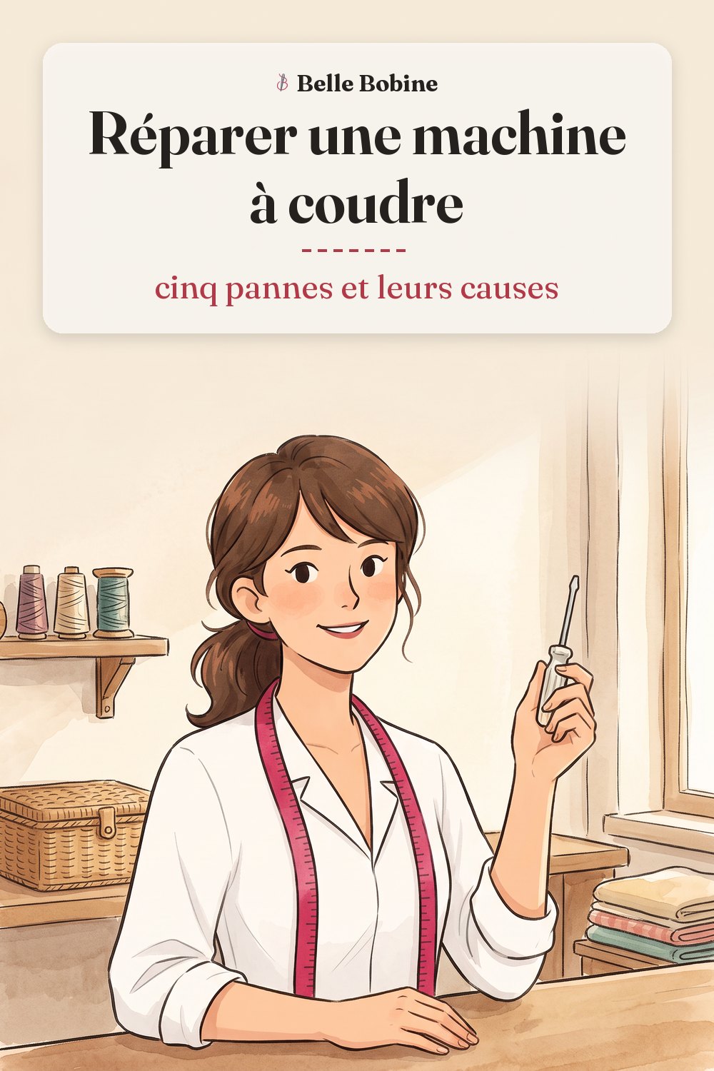 Colette tenant un petit tournevis à côté de sa machine à coudre, avec le titre « Réparer une machine à coudre : cinq pannes et leurs causes »