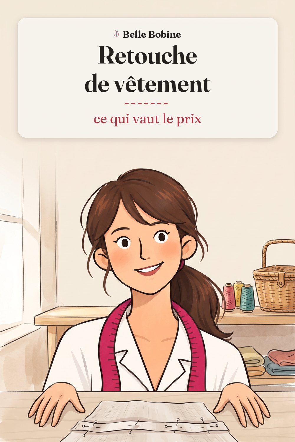 Colette devant un ourlet de vêtement fixé par plusieurs épingles, avec le titre « Retouche de vêtement : ce qui vaut le prix »
