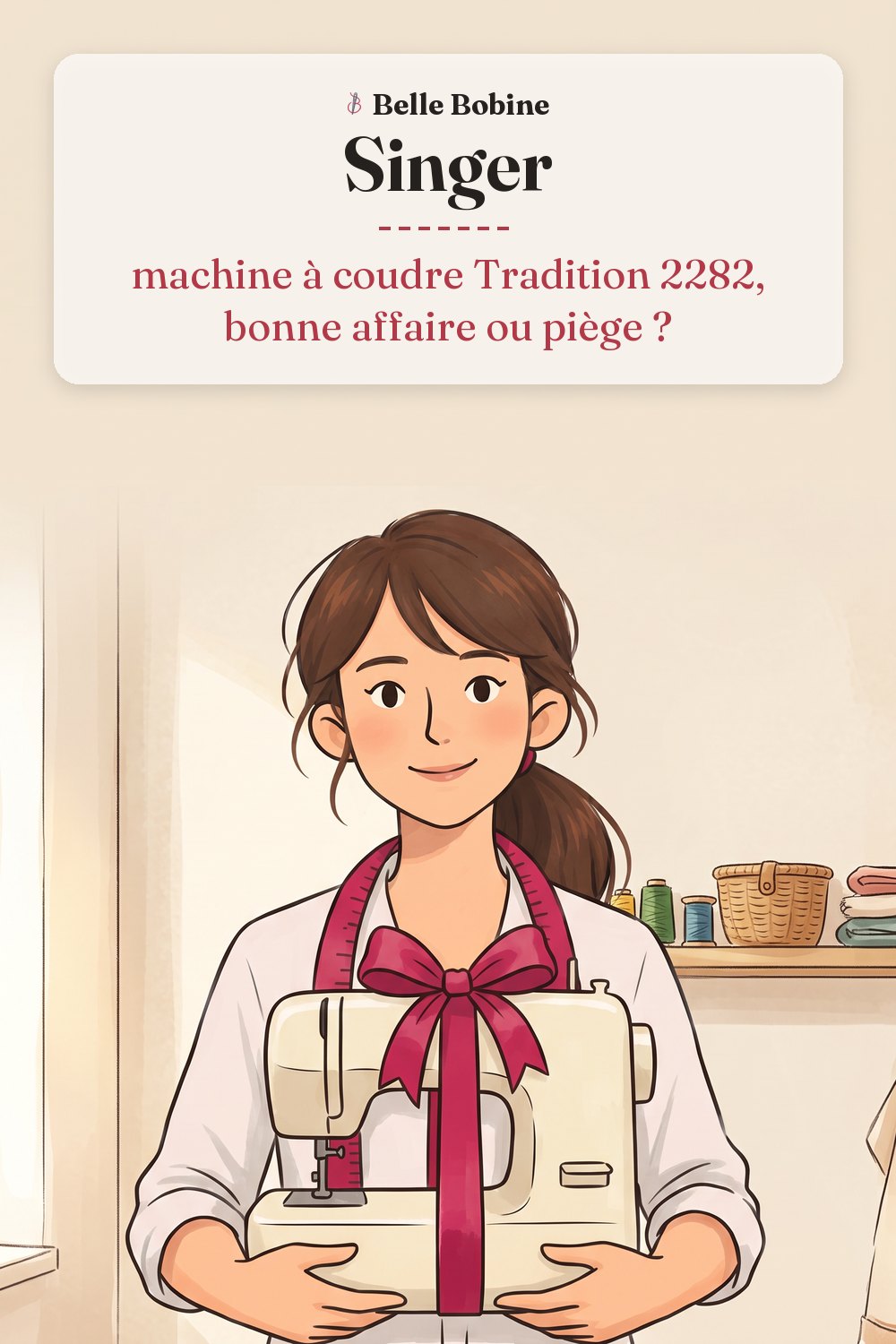 Colette porte dans ses bras une machine à coudre nouée d'un ruban rouge comme un cadeau, avec le titre « Singer : machine à coudre Tradition 2282, bonne affaire ou piège ? »