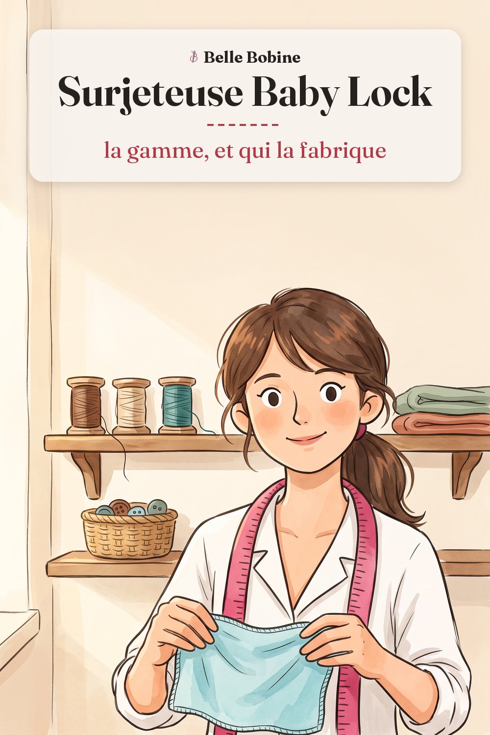 Colette tient un foulard en voile turquoise au bord fini d'un ourlet roulé fin, avec le titre « Surjeteuse Baby Lock : la gamme, et qui la fabrique »