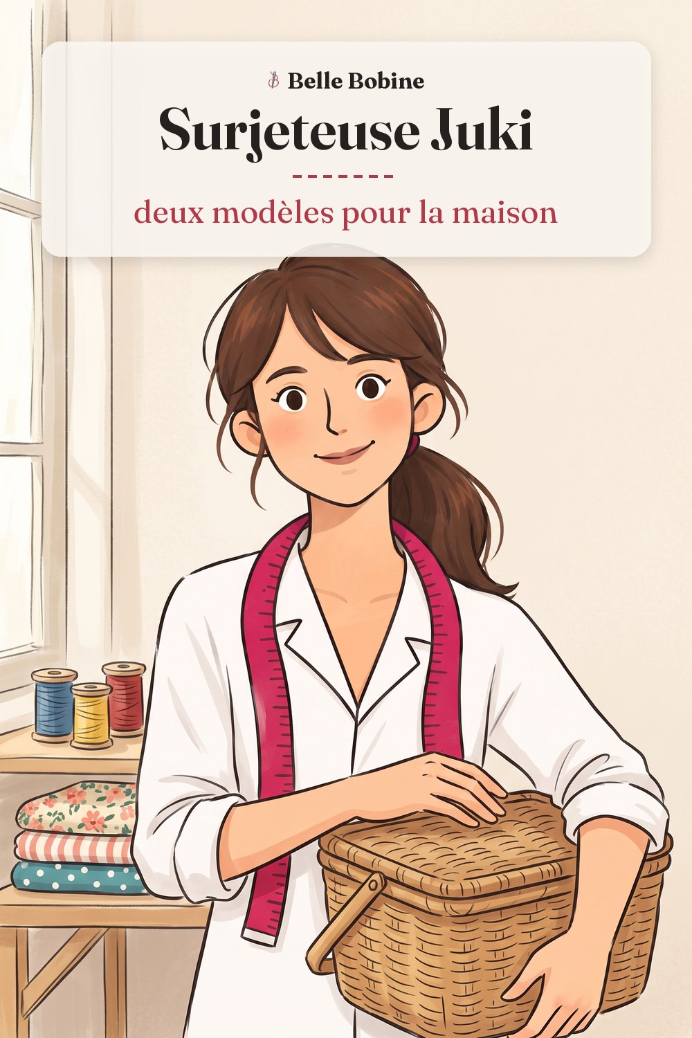 Colette pose la main sur une surjeteuse robuste équipée d'un bac à chutes, avec le titre « Surjeteuse Juki : deux modèles pour la maison »