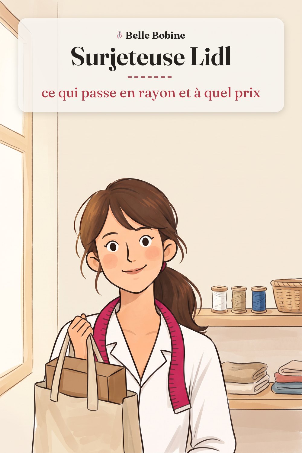 Colette tient un sac de courses en toile d'où dépasse le carton d'une surjeteuse, avec le titre « Surjeteuse Lidl : ce qui passe en rayon et à quel prix »
