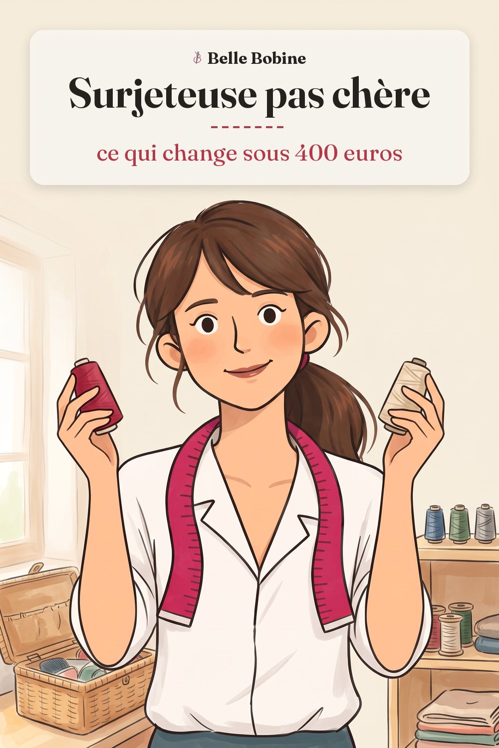 Colette tient un cône de fil dans chaque main à côté d'une petite surjeteuse, avec le titre « Surjeteuse pas chère : ce qui change sous 400 euros »