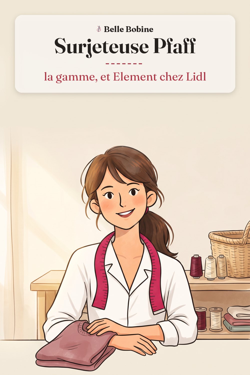 Colette tient un pull en maille fine vieux rose à côté d'une surjeteuse blanche, avec le titre « Surjeteuse Pfaff : la gamme, et Element chez Lidl »