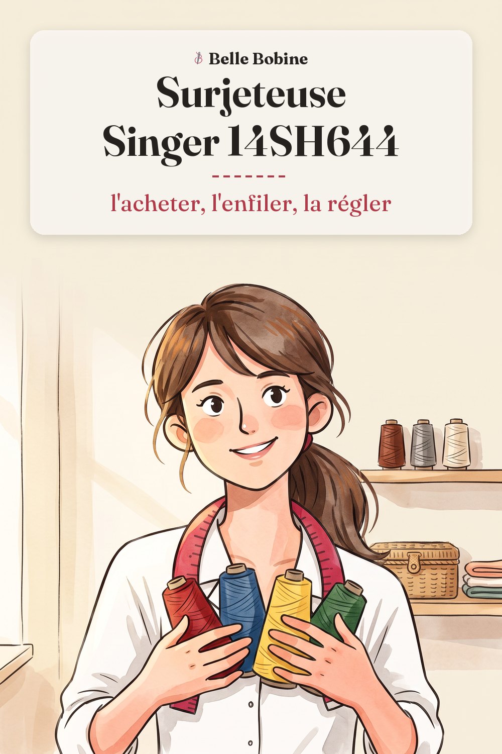 Colette tient en éventail quatre cônes de fil rouge, bleu, jaune et vert, avec le titre « Surjeteuse Singer 14SH644 : l'acheter, l'enfiler, la régler »