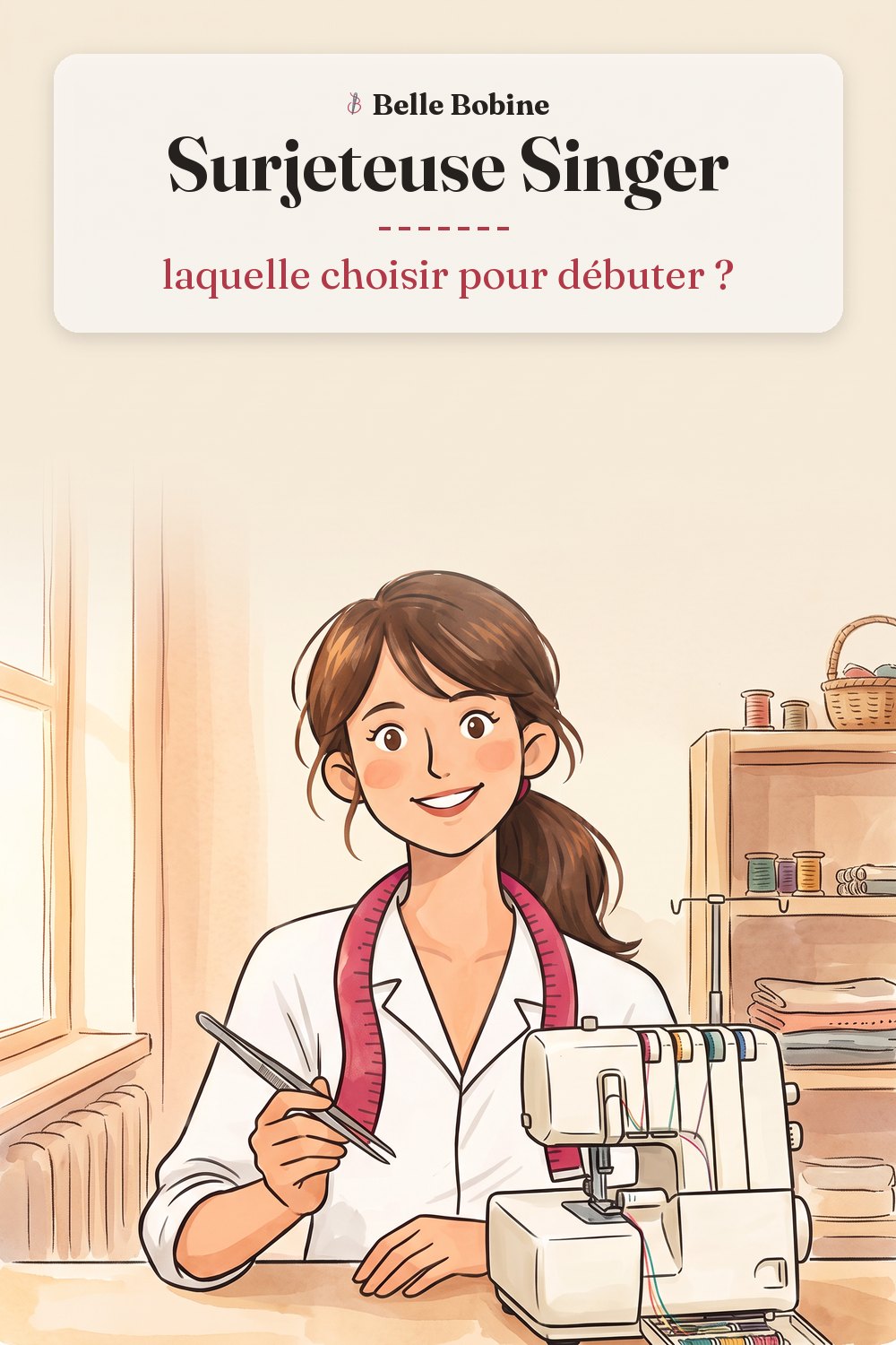 Colette tient une pince fine à côté d'une surjeteuse au capot avant ouvert, avec le titre « Surjeteuse Singer : laquelle choisir pour débuter ? »