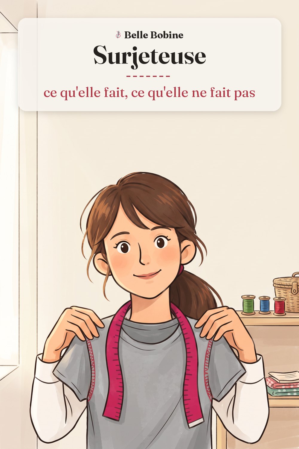Colette tient un tee-shirt gris en jersey dont les coutures de côté sont surjetées en fil rouge, avec le titre « Surjeteuse : ce qu'elle fait, ce qu'elle ne fait pas »