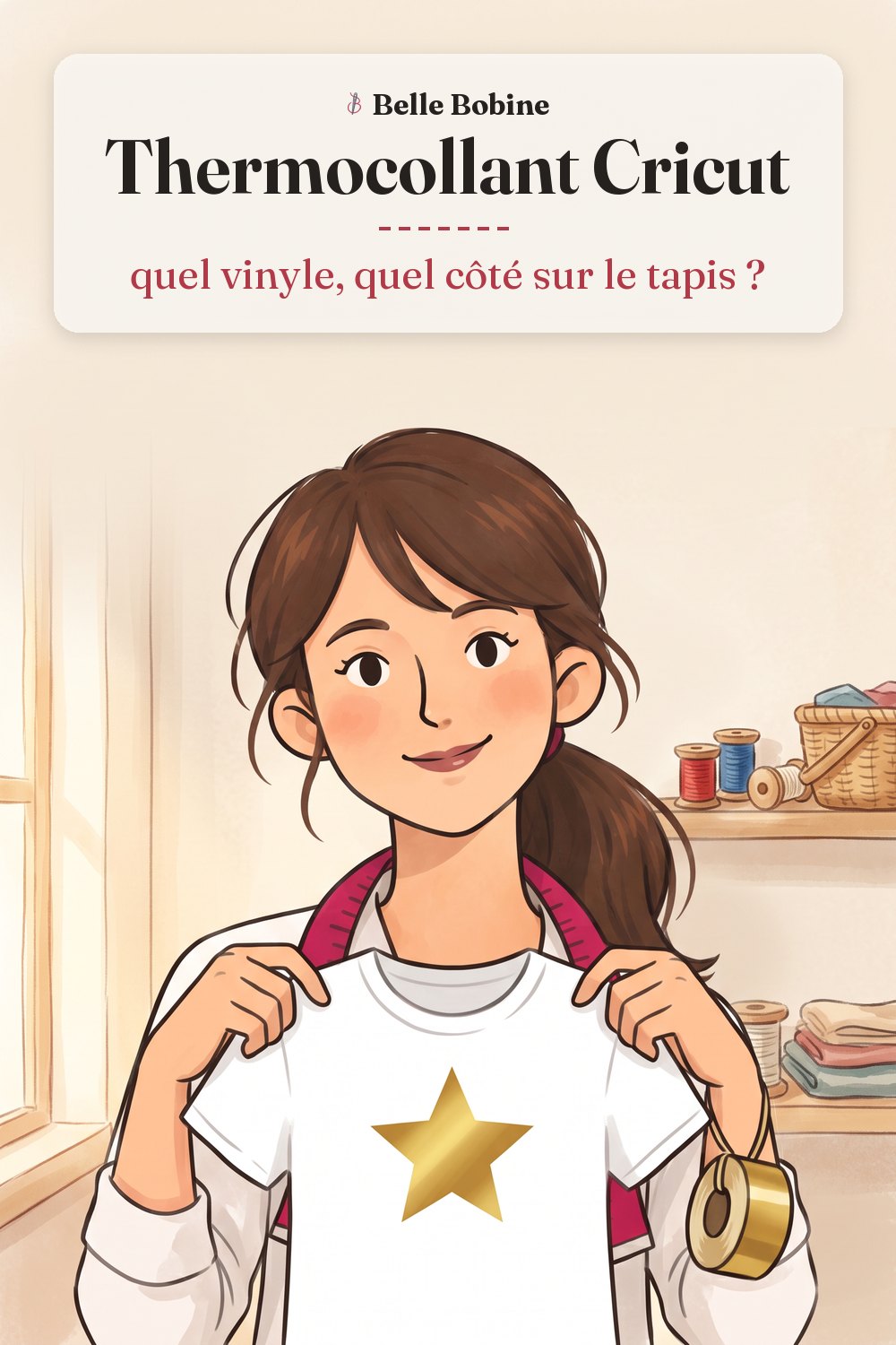 Colette tient un tee-shirt blanc orné d'une étoile en flex thermocollant doré, avec le titre « Thermocollant Cricut : quel vinyle, quel côté sur le tapis ? »
