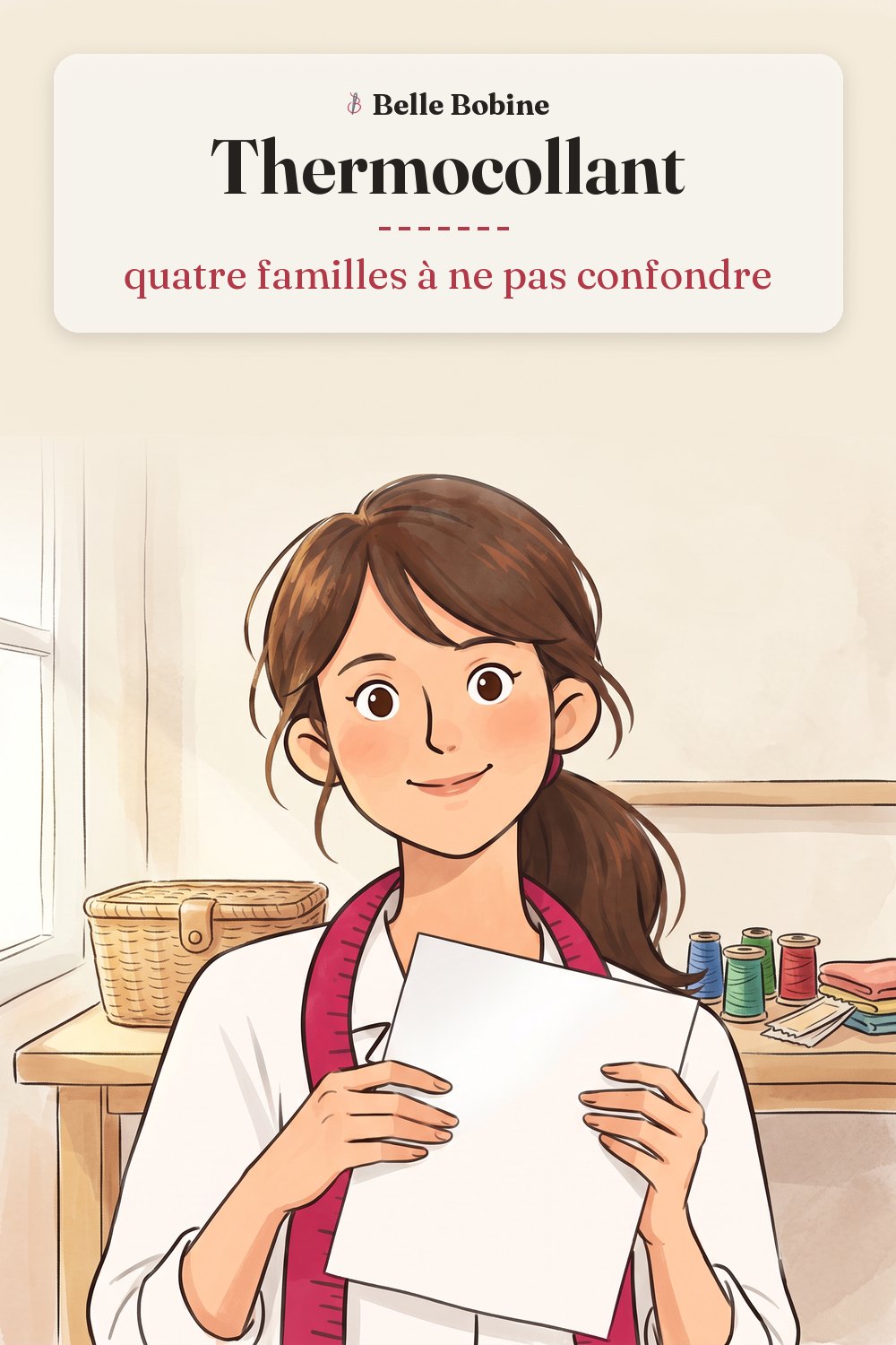 Colette tient une feuille d'entoilage thermocollant blanc, avec le titre « Thermocollant : quatre familles à ne pas confondre »
