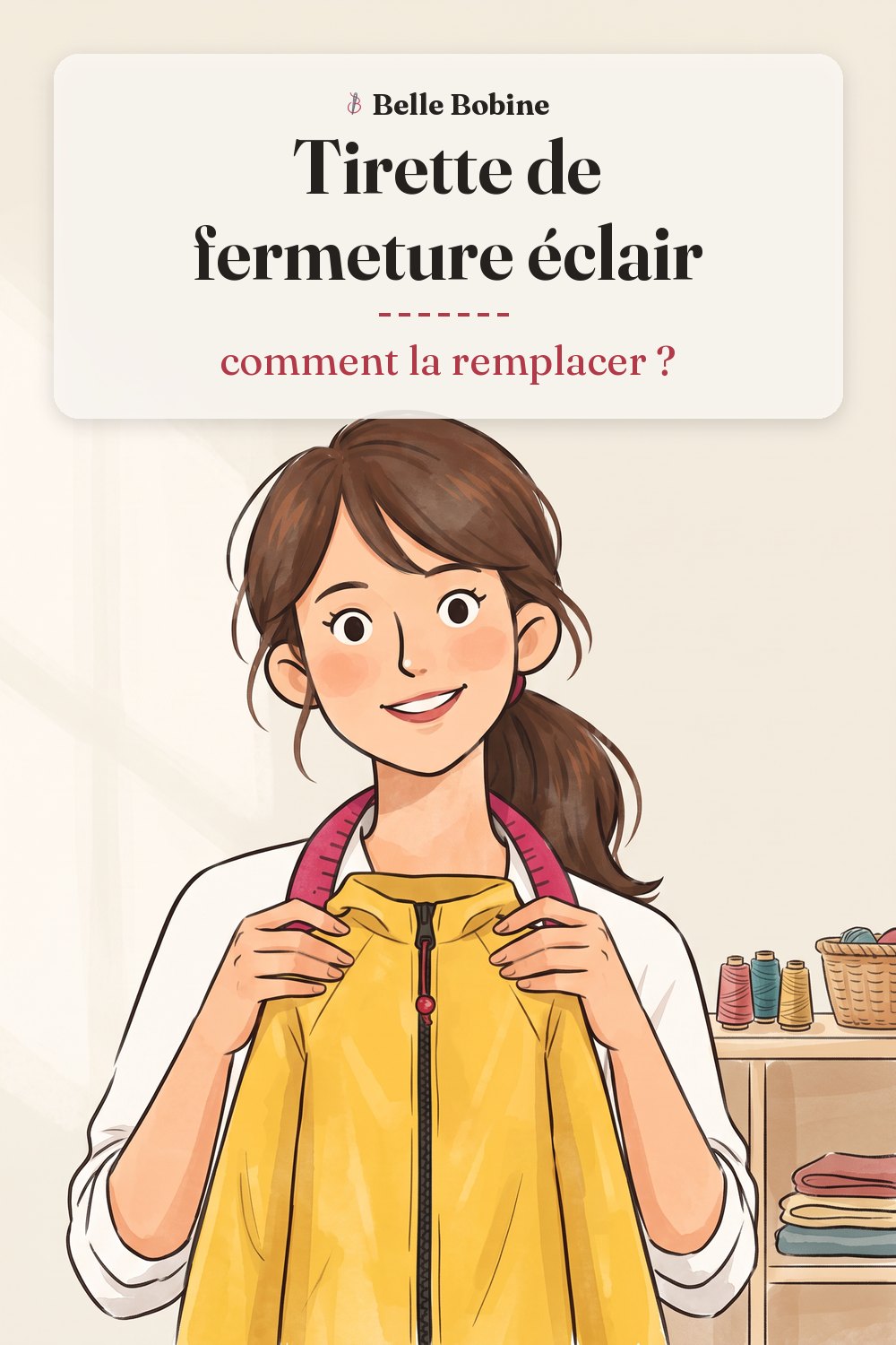 Colette tenant un ciré d'enfant jaune dont la fermeture éclair porte une tirette en cordon rouge, avec le titre « Tirette de fermeture éclair : comment la remplacer ? »