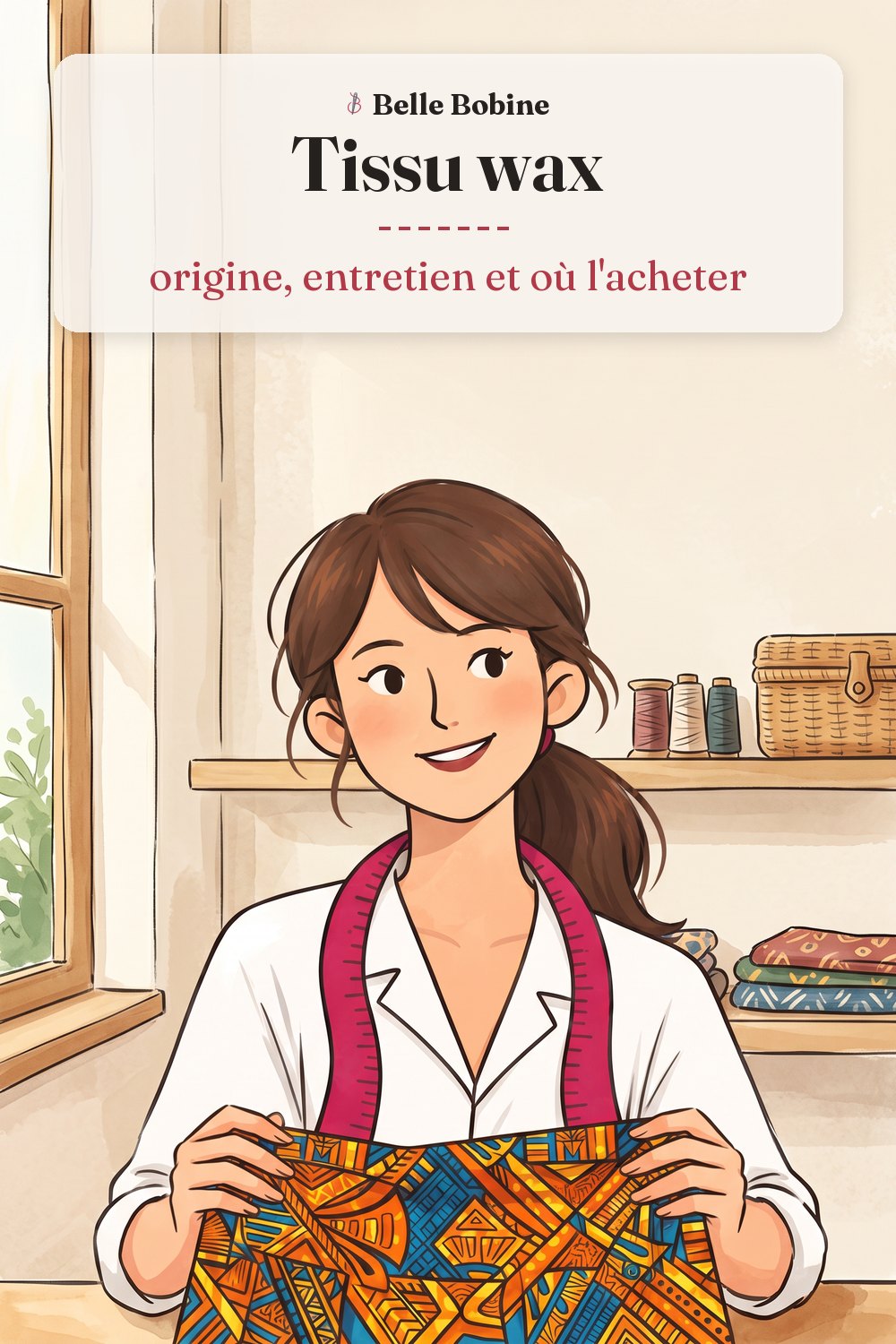 Colette tient un morceau de tissu wax au motif coloré, avec le titre « Tissu wax : origine, entretien et où l'acheter »